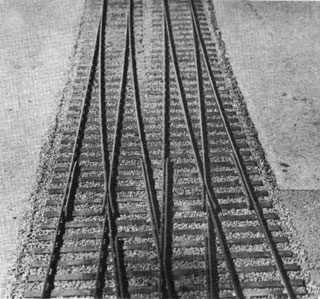 Crossings on a Protofour layout under construction, with B8 turnouts and non-standard lead.
